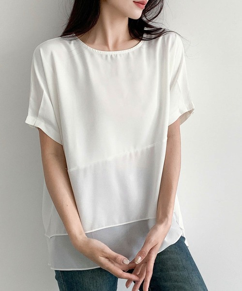 LOWO(ロワ)の「配色レイヤード風オーバーサイズ半袖カットソー(Tシャツ/カットソー・レディース・ホワイト/チャコールグレー・FREE)」の10枚目の写真