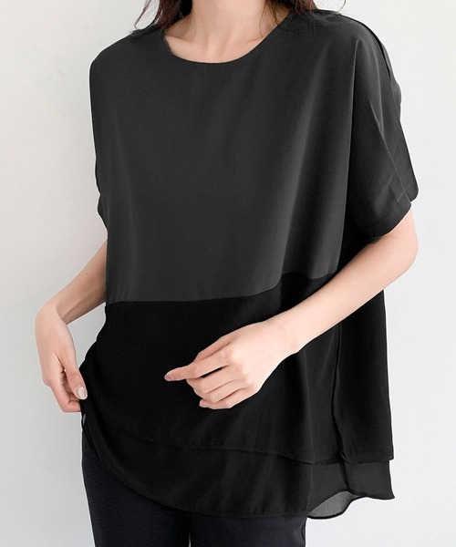 LOWO(ロワ)の「配色レイヤード風オーバーサイズ半袖カットソー(Tシャツ/カットソー・レディース・ホワイト/チャコールグレー・FREE)」の15枚目の写真