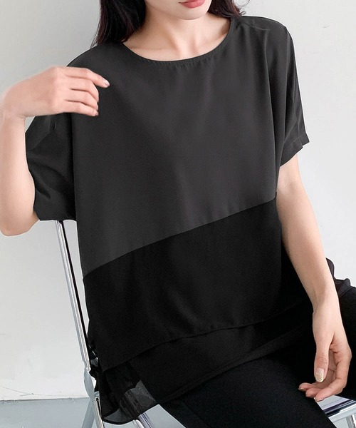 LOWO(ロワ)の「配色レイヤード風オーバーサイズ半袖カットソー(Tシャツ/カットソー・レディース・ホワイト/チャコールグレー・FREE)」の16枚目の写真