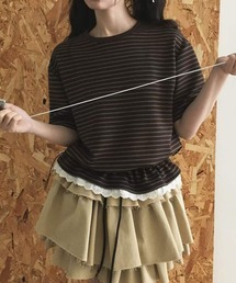 LYEON（リヨン）の「レースフリルペプラムボーダートップス（Tシャツ/カットソー）」