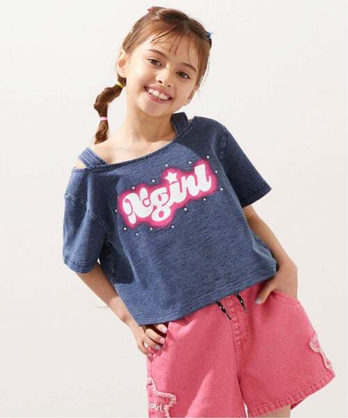 X-girl Stages(エックスガールステージス)の「蓄光ロゴ 肩あきシャーリング半袖Tシャツ(Tシャツ/カットソー・キッズ・ブラック/ライトブルー・120cm/130cm/140cm/100cm/110cm/90cm)」の1枚目の写真