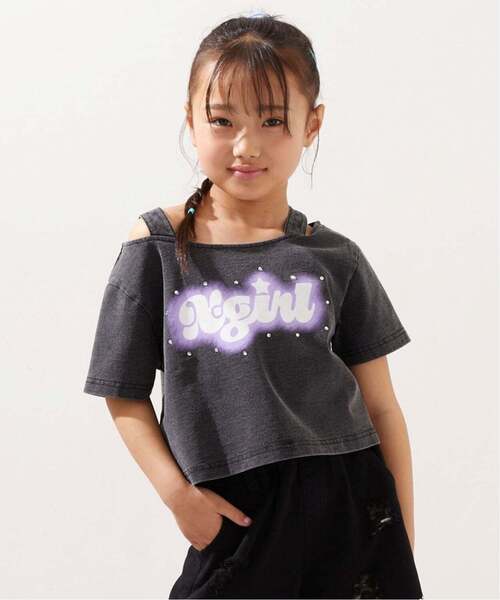 X-girl Stages(エックスガールステージス)の「蓄光ロゴ 肩あきシャーリング半袖Tシャツ(Tシャツ/カットソー・キッズ・ブラック/ライトブルー・120cm/130cm/140cm/100cm/110cm/90cm)」の2枚目の写真