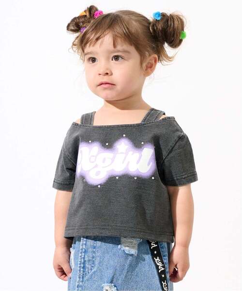 X-girl Stages(エックスガールステージス)の「蓄光ロゴ 肩あきシャーリング半袖Tシャツ(Tシャツ/カットソー・キッズ・ブラック/ライトブルー・120cm/130cm/140cm/100cm/110cm/90cm)」の3枚目の写真