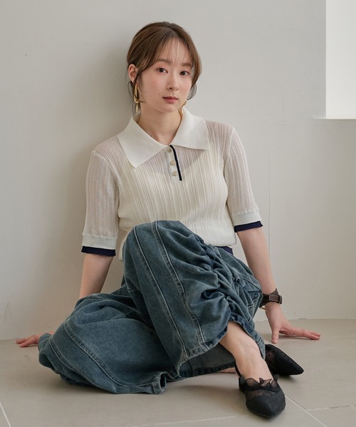 mideal（マイディール）の「layered sheer polo / レイヤードシアーポロ（ニット/セーター・レディース・アイボリー/ブラウン・FREE）」の5枚目の写真
