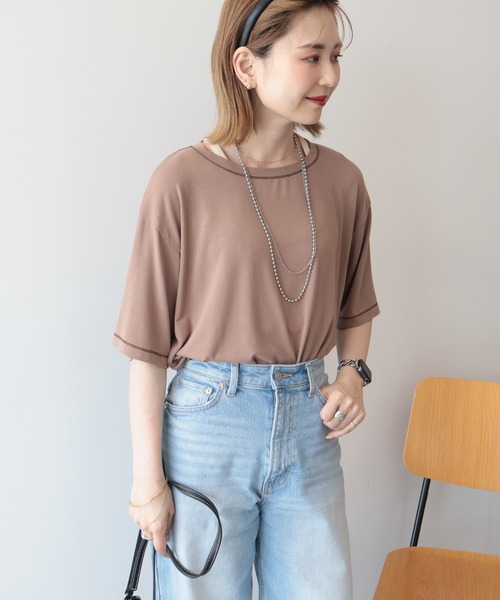 AMERICAN HOLIC(アメリカンホリック)の「【遮熱 UVカット 吸水速乾 接触冷感】配色ステッチルーズTシャツ(Tシャツ/カットソー・レディース・モカ/ミント/チャコールグレー/オレンジ/アイボリー・M/L)」の3枚目の写真