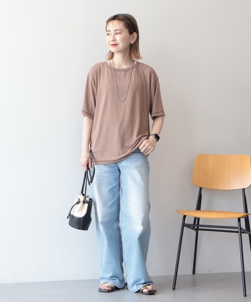 AMERICAN HOLIC(アメリカンホリック)の「【遮熱 UVカット 吸水速乾 接触冷感】配色ステッチルーズTシャツ(Tシャツ/カットソー・レディース・モカ/ミント/チャコールグレー/オレンジ/アイボリー・M/L)」の6枚目の写真
