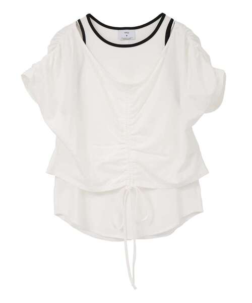 CONVERSE TOKYO(コンバーストウキョウ)の「DRAWSTRING GATHER LAYERED TOPS(Tシャツ/カットソー・レディース・グレー/ブラック/オフホワイト・FREE)」の2枚目の写真
