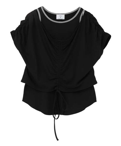 CONVERSE TOKYO(コンバーストウキョウ)の「DRAWSTRING GATHER LAYERED TOPS(Tシャツ/カットソー・レディース・グレー/ブラック/オフホワイト・FREE)」の1枚目の写真