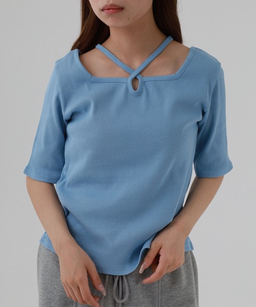 atONE(アットワン)の「クロスネックハーフスリーブカットソー 半袖(Tシャツ/カットソー・レディース・オフホワイト/サックスブルー/ブラック/ベビーピンク/ベージュ/杢グレー・LL/M/L)」の11枚目の写真