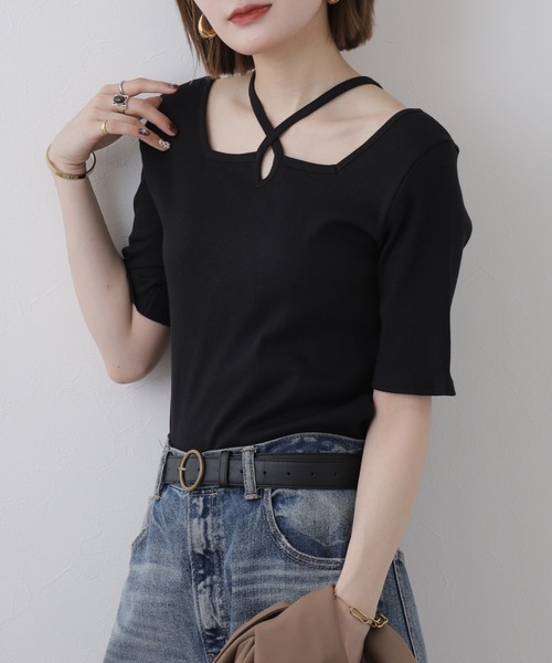 atONE(アットワン)の「クロスネックハーフスリーブカットソー 半袖(Tシャツ/カットソー・レディース・オフホワイト/サックスブルー/ブラック/ベビーピンク/ベージュ/杢グレー・LL/M/L)」の18枚目の写真
