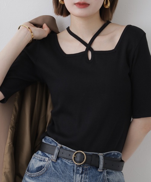 atONE(アットワン)の「クロスネックハーフスリーブカットソー 半袖(Tシャツ/カットソー・レディース・オフホワイト/サックスブルー/ブラック/ベビーピンク/ベージュ/杢グレー・LL/M/L)」の19枚目の写真