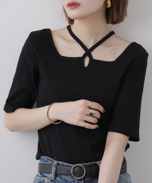 atONE(アットワン)の「クロスネックハーフスリーブカットソー 半袖(Tシャツ/カットソー・レディース・オフホワイト/サックスブルー/ブラック/ベビーピンク/ベージュ/杢グレー・LL/M/L)」の20枚目の写真