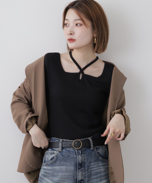 atONE(アットワン)の「クロスネックハーフスリーブカットソー 半袖(Tシャツ/カットソー・レディース・オフホワイト/サックスブルー/ブラック/ベビーピンク/ベージュ/杢グレー・LL/M/L)」の21枚目の写真