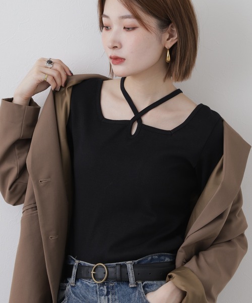 atONE(アットワン)の「クロスネックハーフスリーブカットソー 半袖(Tシャツ/カットソー・レディース・オフホワイト/サックスブルー/ブラック/ベビーピンク/ベージュ/杢グレー・LL/M/L)」の22枚目の写真