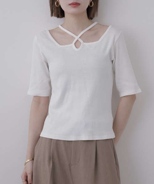 atONE(アットワン)の「クロスネックハーフスリーブカットソー 半袖(Tシャツ/カットソー・レディース・オフホワイト/サックスブルー/ブラック/ベビーピンク/ベージュ/杢グレー・LL/M/L)」の16枚目の写真