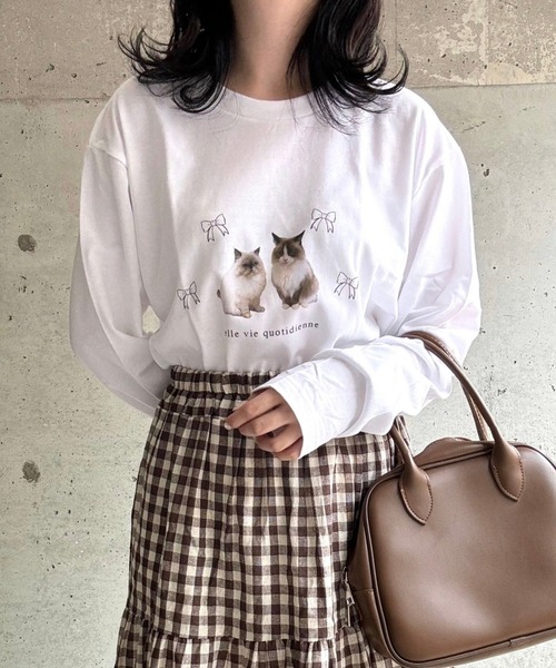 tunee（チュニー）の「キュートキャットリボンロンT／長袖Tシャツ(hsyd)（Tシャツ/カットソー・レディース・ホワイト・MEDIUM/LARGE）」の2枚目の写真