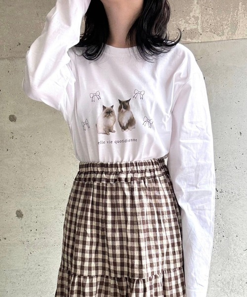 tunee（チュニー）の「キュートキャットリボンロンT／長袖Tシャツ(hsyd)（Tシャツ/カットソー・レディース・ホワイト・MEDIUM/LARGE）」の6枚目の写真