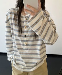 配色切り替えストライプ前開き長袖トップス