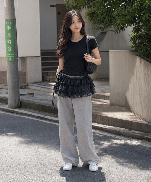 KONVINI（コンビニ）の「【KONVINI select】バレエコア レースレイヤード ラップスカート / ペプラムレース 付け裾 重ね着 オールシーズン（スカート・レディース・ホワイト/ブラック・FREE）」の12枚目の写真