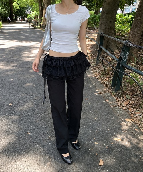 KONVINI（コンビニ）の「【KONVINI select】バレエコア レースレイヤード ラップスカート / ペプラムレース 付け裾 重ね着 オールシーズン（スカート・レディース・ホワイト/ブラック・FREE）」の8枚目の写真
