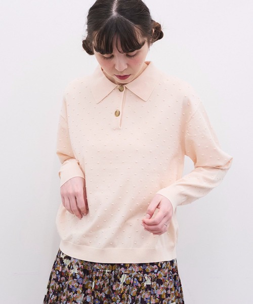 l'atelier du savon(アトリエドサボン)の「ぽんぽんニット 長袖ポロ(ニット/セーター・レディース・マルチ/ピンク/グリーン/チャコールグレー・FREE)」の1枚目の写真