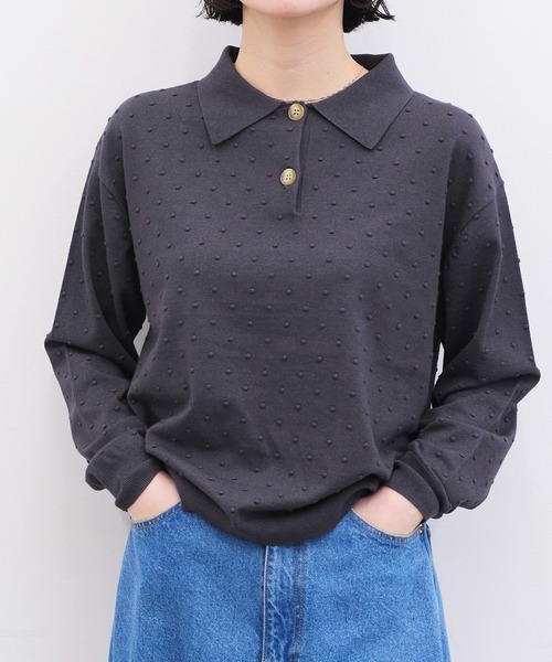 l'atelier du savon(アトリエドサボン)の「ぽんぽんニット 長袖ポロ(ニット/セーター・レディース・マルチ/ピンク/グリーン/チャコールグレー・FREE)」の2枚目の写真