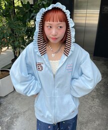 HELLO.SANFRANCISCO | 【HELLO.SANFRANCISCO/ハローサンフランシスコ】ボーダーワッペンフリルジップネップフーディ(パーカー)