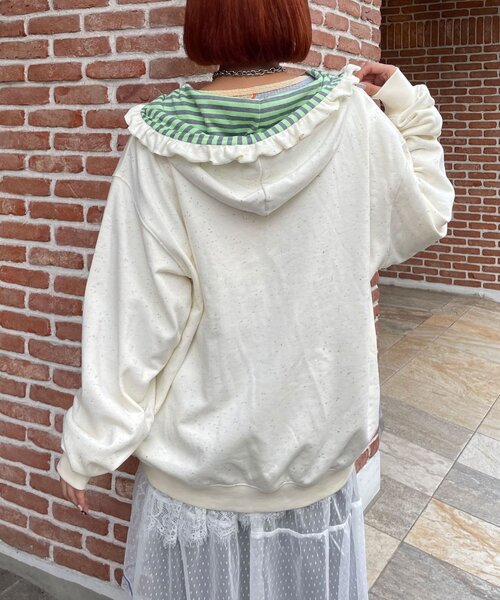 HELLO.SANFRANCISCO(ハローサンフランシスコ)の「【HELLO.SANFRANCISCO/ハローサンフランシスコ】ボーダーワッペンフリルジップネップフーディ(パーカー・レディース・アイボリー/ブルー/ピンク・ONE SIZE)」の6枚目の写真