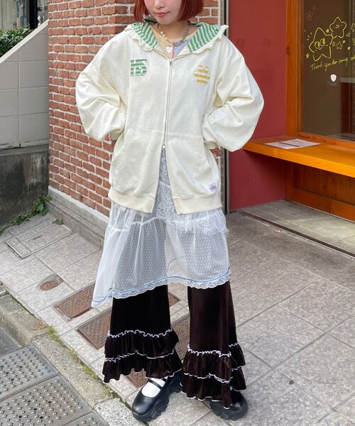 HELLO.SANFRANCISCO(ハローサンフランシスコ)の「【HELLO.SANFRANCISCO/ハローサンフランシスコ】ボーダーワッペンフリルジップネップフーディ(パーカー・レディース・アイボリー/ブルー/ピンク・ONE SIZE)」の7枚目の写真