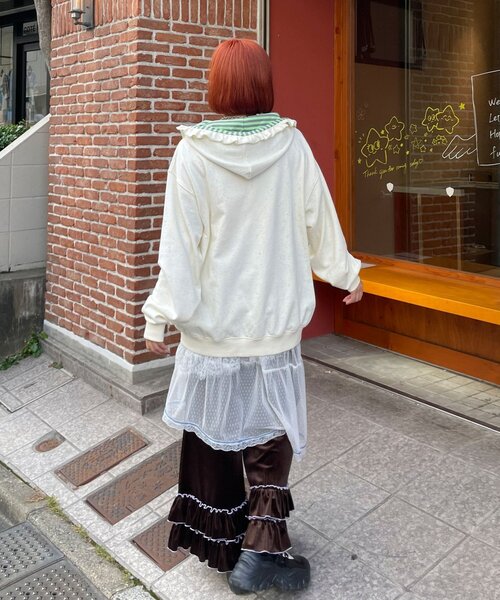 HELLO.SANFRANCISCO(ハローサンフランシスコ)の「【HELLO.SANFRANCISCO/ハローサンフランシスコ】ボーダーワッペンフリルジップネップフーディ(パーカー・レディース・アイボリー/ブルー/ピンク・ONE SIZE)」の9枚目の写真