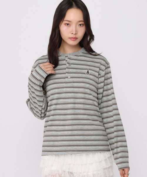ALAND(エーランド)の「【UNISEX】ALAND/ボーダーヘンリーロングスリーブ(Tシャツ/カットソー・レディース・ブラウン/グレー・SMALL/LARGE)」の1枚目の写真