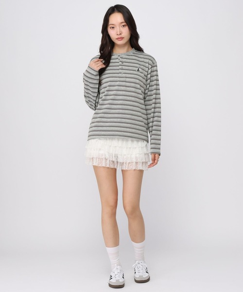 ALAND(エーランド)の「【UNISEX】ALAND/ボーダーヘンリーロングスリーブ(Tシャツ/カットソー・レディース・ブラウン/グレー・SMALL/LARGE)」の3枚目の写真