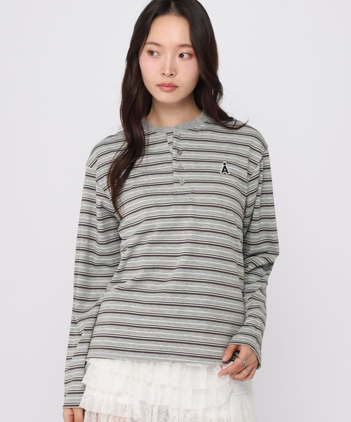 ALAND(エーランド)の「【UNISEX】ALAND/ボーダーヘンリーロングスリーブ(Tシャツ/カットソー・レディース・ブラウン/グレー・SMALL/LARGE)」の6枚目の写真
