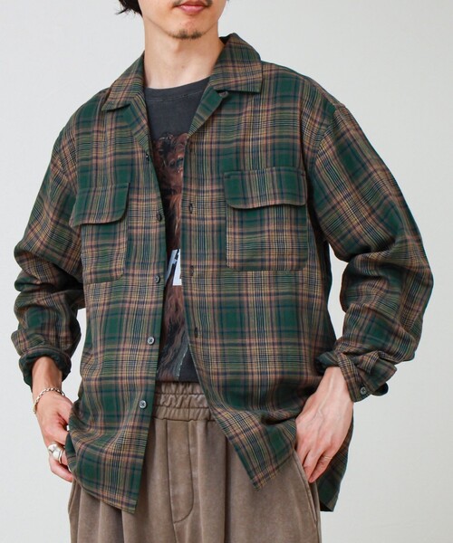 GLOSTER（グロスター）の「ダブルガーゼチェックシャツ オープンカラーシャツ ロングスリーブ（シャツ/ブラウス・メンズ・ブラック系その他/グリーン系その他/ベージュ系その他・S/M/L）」の2枚目の写真