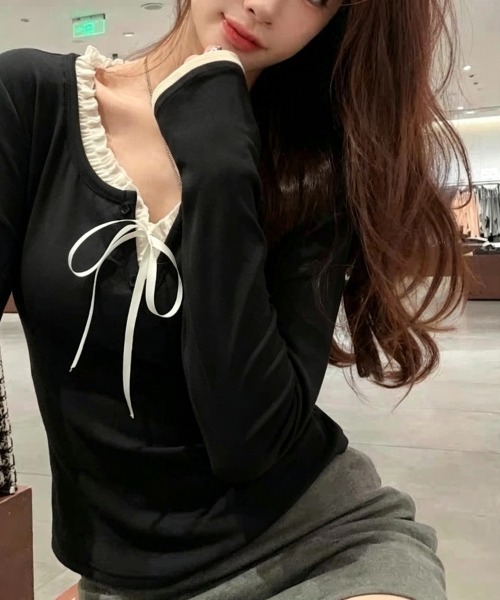 Beststore(ベストストア)の「大人可愛い♪ フリル襟 リボン付き 長袖 Tシャツ カットソー 全3色(Tシャツ/カットソー・レディース・オフホワイト/ブラック/ネイビー・FREE)」の3枚目の写真