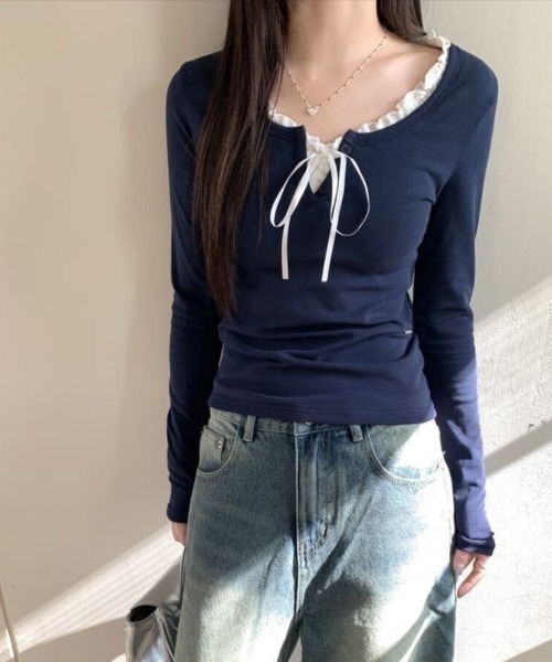 Beststore(ベストストア)の「大人可愛い♪ フリル襟 リボン付き 長袖 Tシャツ カットソー 全3色(Tシャツ/カットソー・レディース・オフホワイト/ブラック/ネイビー・FREE)」の4枚目の写真