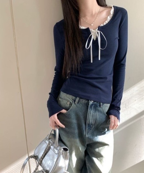 Beststore(ベストストア)の「大人可愛い♪ フリル襟 リボン付き 長袖 Tシャツ カットソー 全3色(Tシャツ/カットソー・レディース・オフホワイト/ブラック/ネイビー・FREE)」の5枚目の写真