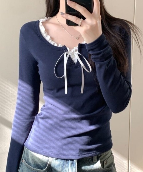 Beststore(ベストストア)の「大人可愛い♪ フリル襟 リボン付き 長袖 Tシャツ カットソー 全3色(Tシャツ/カットソー・レディース・オフホワイト/ブラック/ネイビー・FREE)」の6枚目の写真