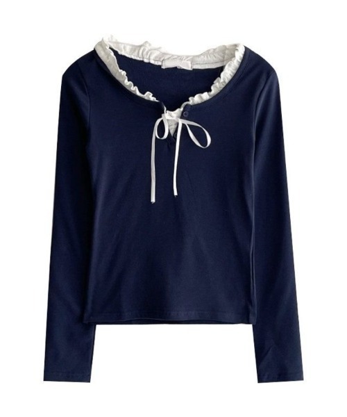Beststore(ベストストア)の「大人可愛い♪ フリル襟 リボン付き 長袖 Tシャツ カットソー 全3色(Tシャツ/カットソー・レディース・オフホワイト/ブラック/ネイビー・FREE)」の14枚目の写真