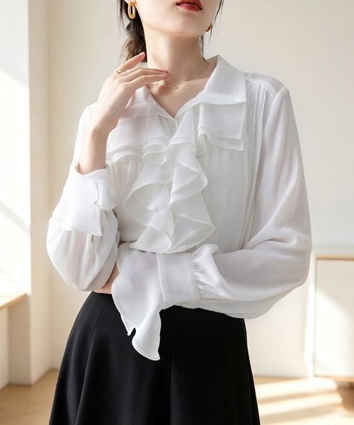 ONEP STAR（ワンピスター）の「ラッフルフリル長袖シャツブラウス（シャツ/ブラウス・レディース・ホワイト・MEDIUM/X-LARGE/LARGE）」の2枚目の写真