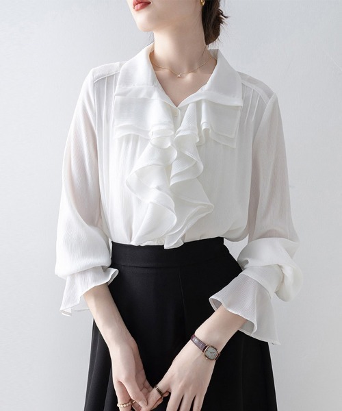 ONEP STAR（ワンピスター）の「ラッフルフリル長袖シャツブラウス（シャツ/ブラウス・レディース・ホワイト・MEDIUM/X-LARGE/LARGE）」の3枚目の写真
