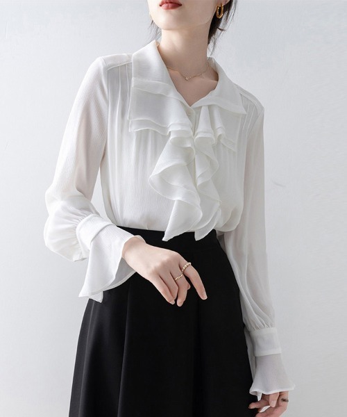 ONEP STAR（ワンピスター）の「ラッフルフリル長袖シャツブラウス（シャツ/ブラウス・レディース・ホワイト・MEDIUM/X-LARGE/LARGE）」の4枚目の写真