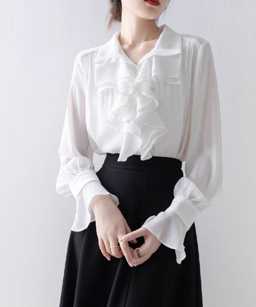 ONEP STAR（ワンピスター）の「ラッフルフリル長袖シャツブラウス（シャツ/ブラウス・レディース・ホワイト・MEDIUM/X-LARGE/LARGE）」の7枚目の写真