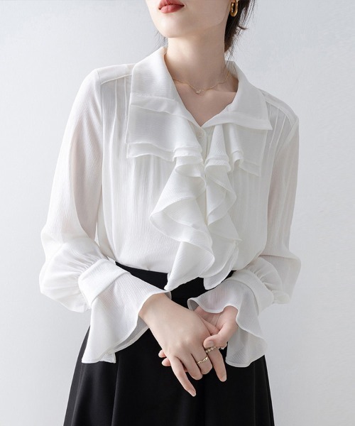 ONEP STAR（ワンピスター）の「ラッフルフリル長袖シャツブラウス（シャツ/ブラウス・レディース・ホワイト・MEDIUM/X-LARGE/LARGE）」の8枚目の写真