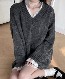 裾レースデザインルーズVネックニット フェイクレイヤード