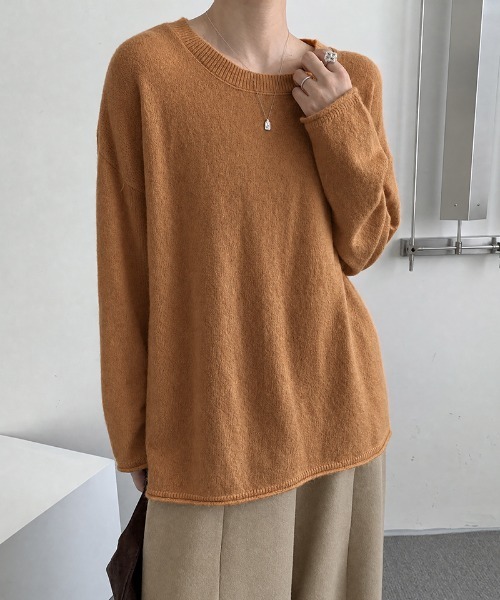 COCOMOMO(ココモモ)の「ドロップショルダーニット ルーズニット クルーネック ニット セーター オーバーサイズ 長袖 トップス シンプル カジュアル 秋服 冬服(ニット/セーター・レディース・ネイビー/アイボリー/ベージュ/ダークブラウン/ブラック/モカ/オレンジ/ダークグレー・FREE)」の15枚目の写真