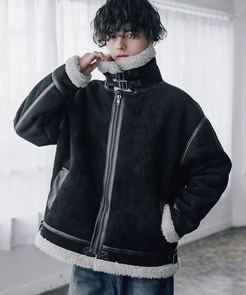 オーバーサイズ B-3フェイクムートン2WAY裏ボアスタンドネックブルゾン