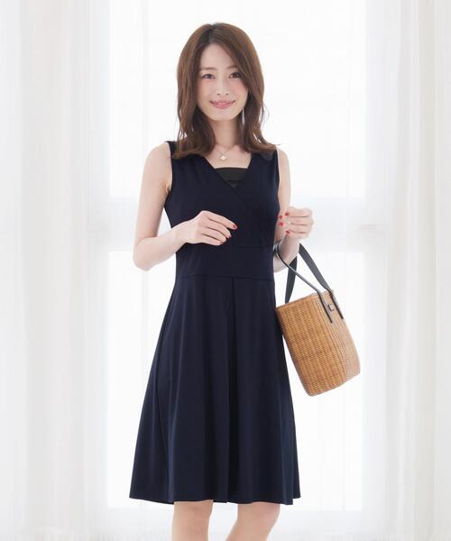 セール Tiaclasse ティアクラッセ のファッション ノースリーブ ワンピース やせて見えるカシュクールジャージーワンピース ワンピース