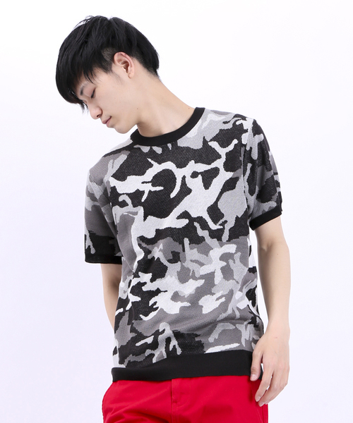 WEGO(ウィゴー)の「WEGO/カモフラジャガード5分袖ニット(ニット/セーター・メンズ・ホワイト/カーキ・MEDIUM/LARGE)」の2枚目の写真