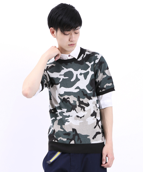 WEGO(ウィゴー)の「WEGO/カモフラジャガード5分袖ニット(ニット/セーター・メンズ・ホワイト/カーキ・MEDIUM/LARGE)」の1枚目の写真